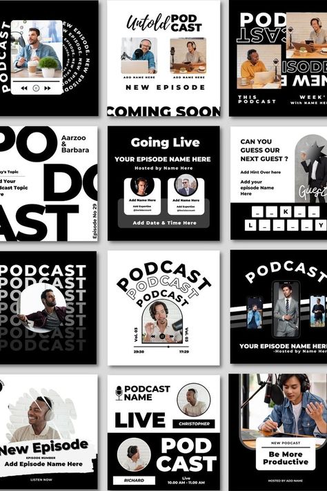 Podcast Social Media Template, Podcast Template Design, Podcast Social Media Design, Podcast Instagram Feed, Socmed Design, Black Podcast, Instagram Design Ideas, Podcast Social Media, Post Design Ideas