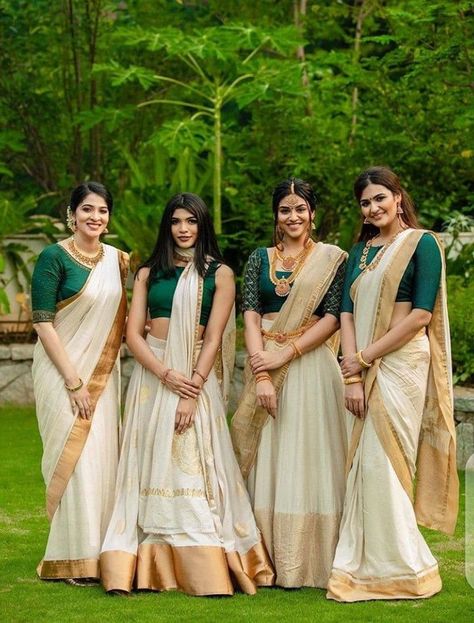 Kerala Bridesmaid Dresses Hindu, Brides Maids Outfit, South Indian Wedding Outfits Sisters, Onam Attire For Women, Bride Sister Dress Indian, South Indian Bridesmaids, Onam Shoot, Set Saree Kerala, Onam Photoshoot