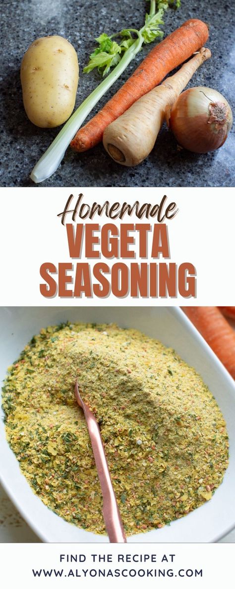 Homemade Vegeta Seasoning recipe made with a blend of dehydrated vegetables, salt, and spices! Add this spice blend to vegetable soup, Potato wedges, and mashed potatoes to enhance the flavor of your food! It's MSG-free and is the classic all-purpose seasoning, many Europeans use! This homemade vegeta seasoning would make great gifts for friends and family, simply place some into 4 oz glass jars for presents! Vegeta Seasoning, Easy Jerk Chicken Recipe, Soup Potato, Homemade Spice Mix, Spice Blends Recipes, Dehydrated Vegetables, Spiced Drinks, Spice Mix Recipes, Homemade Spice Blends