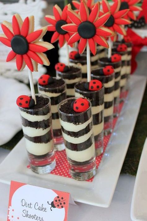 12 Ladybug Baby Shower Ideas - Love The Day Ladybug Fruit Platter, Lady Bug Decorating Ideas, Ladybug Cupcakes Ideas, Cake Shooters, Miraculous Ladybug Party, Ladybug Baby Shower, Ladybug Birthday Party, Dirt Cake, Baby Ladybug