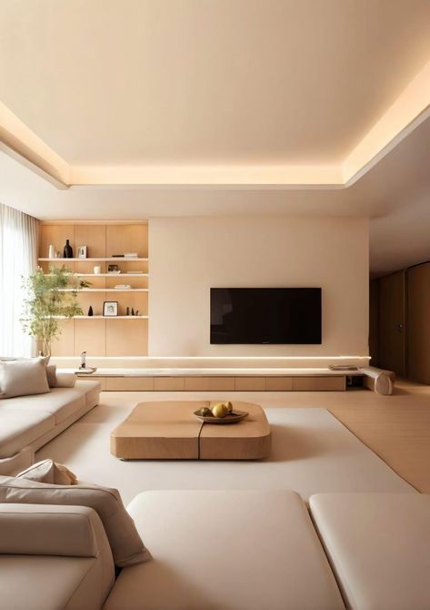 Veneer Living Room Design, Raised Living Room Platform, Main Bedroom Tv Wall, White Slatted Wall, Living Room Designs Japandi, Tv Floating Cabinet, Floating Cabinets Living Room, Living Room Platform, Living Room Designs Tv Wall