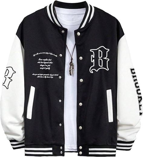 SHENHE Men's Slogan Graphic Button Down Varsity Jacket Baseball Bomber Jackets Aesthetic Guy Outfits, Sarcastic Clothing, Jacket Baseball, Teen Boy Outfits, Stylish Hoodies, Dope Outfits For Guys, Black And White Shoes, Baggy Clothes, Streetwear Mens