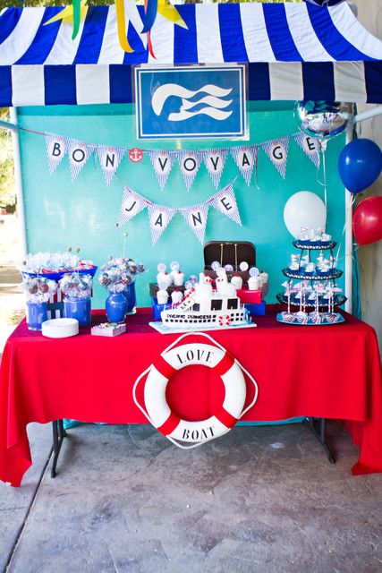 A Love Boat/Bon Voyage Party Boat Party Theme, Cruise Theme Parties, Cruise Ship Party, Bon Voyage Party, The Love Boat, Boat Theme, Ocean Theme Party, Cruise Party, Nautical Themed Party