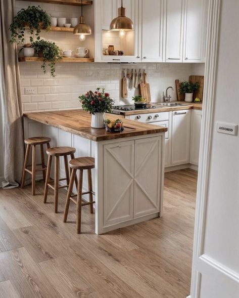 Cozy Minimal Kitchen, Farmhouse House Design Interior, White Kitchen Cottage Style, Wooden Kitchen White Countertops, Cottage Home Vibes, Cottage Home Aesthetic Interior, Small White Farmhouse Kitchen, Kitchen All On One Wall, Different Style Homes Interior Design