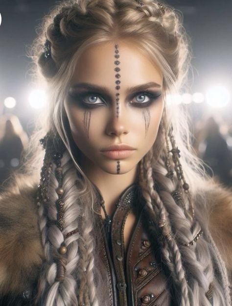 Viking Princess Makeup, Cave Women Makeup, Barbarian Makeup, Huntress Makeup, Vikings Costume Diy, Viking Face Paint, Viking Princess, Warrior Makeup, Viking Halloween Costume