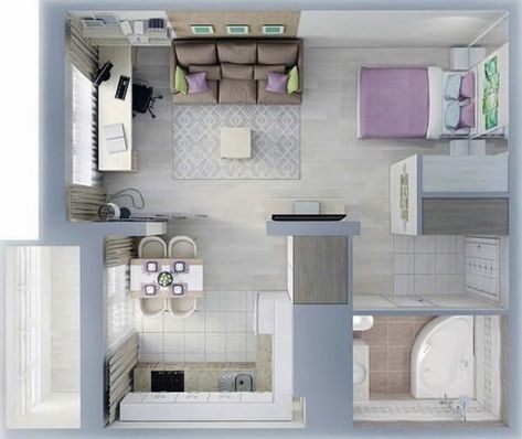 Apartment For One Person, Studio Apartment Design, Small Apartment Design, Apartment Floor Plans, Sims House Plans, Floor Plan Layout, Apartment Layout, Apartment Plans, Interior Modern