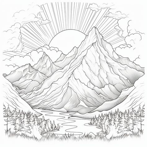 Mindfulness coloring page.  Mountains Coloring Pages Mountains, Mountains Coloring Pages, Mountain Pyrography, Mountain Coloring Pages, Cute Coloring Pages For Adults, Scenery Sketch, Mountain Landscape Drawing, Mindful Coloring Pages, Mindfulness Coloring Pages