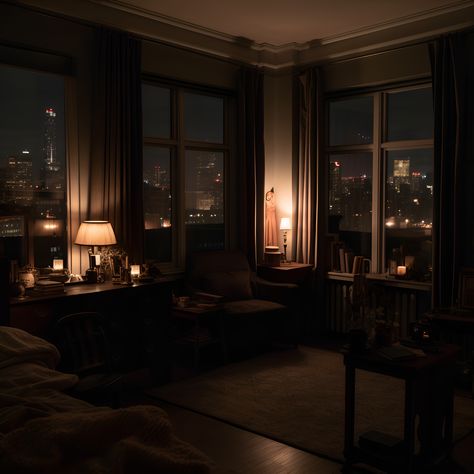 Nyc Apartment Dark Aesthetic, Aesthetic Dark Apartment, Park Avenue Apartment Aesthetic, Dark Studio Apartment Aesthetic, Nighttime Apartment Aesthetic, Dark New York Apartment, Dark Classic Interior, Aesthetic Apartment Dark, Manhattan Apartment Bedroom