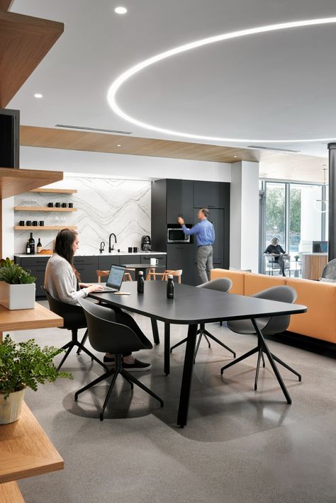 Alameda Realty Spec Suites - Menlo Park | Office Snapshots Office Collaboration Area, Break Area, Office Break Room, Skin Center, Quartz Backsplash, Modular Lounge, Modular Lounges, Menlo Park, Office Suite