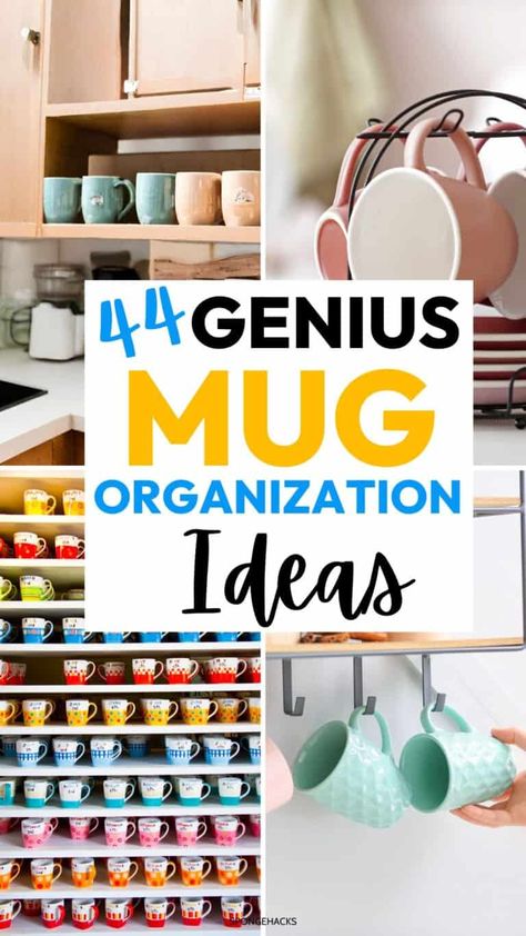 44 Genius Mug Organization Ideas You Have to Check Out - Sponge Hacks Coffee Mugs Storage Ideas, Organizing Mugs In Cabinet, Mug Cupboard Organization, Kitchen Mugs Organization, Mugs Holder Ideas, How To Organize Mugs In Cabinet, Coffee Mug Storage Ideas Cabinets, Diy Mug Storage, Organizing Coffee Mugs