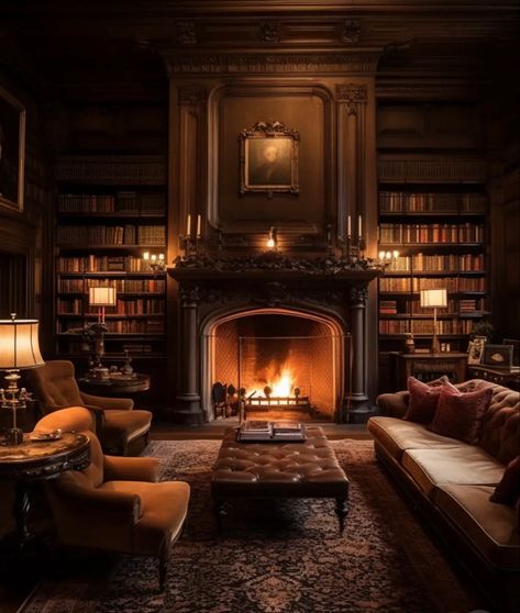 Home Libraries, Fantasy House, Repressed Memories, Manor Aesthetic, Library Aesthetic, Home Library Design, Dark Interiors, Library Design, Luxury Homes Dream Houses