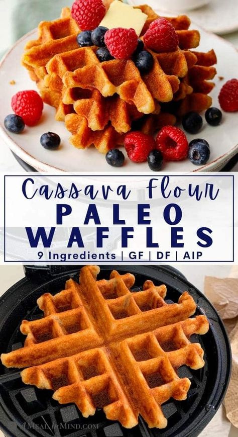 These easy paleo cassava flour Belgian waffles are crispy on the outside but fluffy and elastic on the inside. They're grain-free and vegan, and their mild flavor goes equally well with sweet or savory toppings. A great gluten-free recipe for weekend mornings! | A Meal In Mind @amealinmind #amealinmind |Easy Paleo Waffles | Gluten-Free Waffles | Grain-Free Breakfast | Inflammatory Meals, Almond Flour Waffles, Best Waffle Recipe, Paleo Waffles, Healthy Waffles, Cheese Waffles, Crispy Waffle, Gluten Free Waffles, Easy Paleo