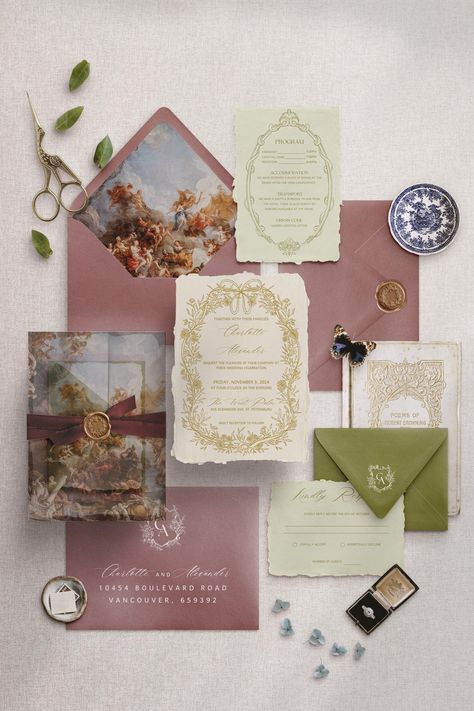 At BlocksDesignCo, each Wedding Invitation Suite is crafted with a passion for creating designs that surpass the last. And this Invitation Set features hand-drawn graphics and a palette of muted, earthy tones, perfect for garden weddings with a whimsical touch. The elegant calligraphy font and Coquette-inspired design mix vintage charm with a timeless, old-money aesthetic. Customize the colors, fonts, and wording to perfectly reflect your love story and wedding theme, while the meticulously hand-drawn illustrations add a unique touch of artistry to your wedding stationery. WHAT YOU'LL GET: One PDF file that includes the links for: Wedding Card (7"x5") RSVP Card (5"x3.5") - QR code RSVP card option also included. Details Card (4"x6") Envelope Liner (for an A7 size envelope) - Includes instr Romeo And Juliet Wedding Invitations, English Cottage Wedding Theme, Wedding Invite Vintage, Wedding Invitations Old Money, Unique Wedding Color Palette, The Knot Wedding Website Ideas, Wedding Invitation Vintage, Artsy Wedding Invitation, Green And Pink Wedding Invitations