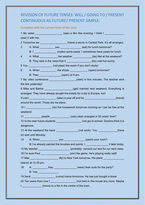 Future tenses interactive activity for 6th Adolescents. You can do the exercises online or download the worksheet as pdf. Tenses Exercises, English Tenses, Grammar Posters, Future Tense, Grammar Exercises, Types Of Sentences, English Exercises, The Worksheet, Music Worksheets