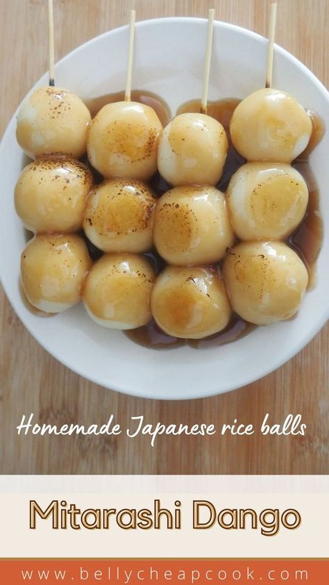 Pork Asian Recipes, Asian Snack Recipes, Japanese Sweets Recipe, Soy Sauce Glaze, Dango Recipe, Mitarashi Dango, Japanese Rice Balls, Japenese Food, Sweet Soy Sauce