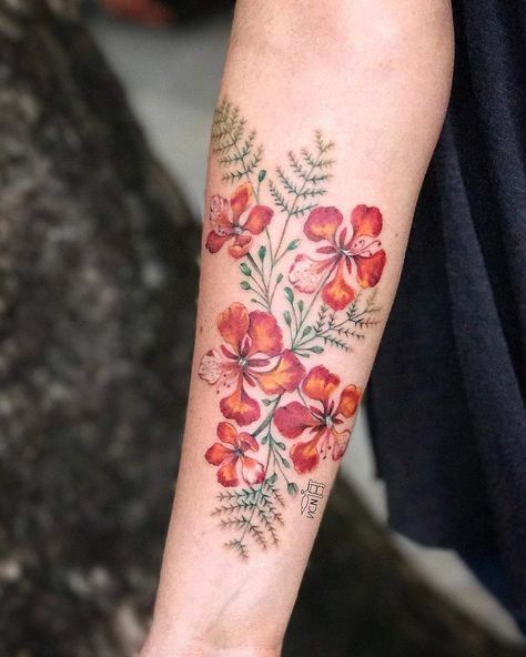 Arm Tattoos For Women Forearm, Royal Poinciana, Flower Tattoo Arm, Red Ink Tattoos, Botanical Tattoo, Tattoo Illustration, Arm Tattoos For Women, Discreet Tattoos, Aesthetic Tattoo