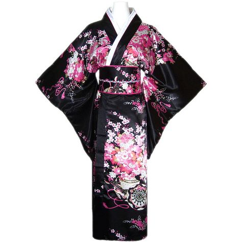 Kimono geisha noir avec obi et noeud ❤ liked on Polyvore featuring intimates, robes, kimono, dresses, gown, kimono robe and rose kimono Geisha Outfit Kimonos, Japanese Kimono Outfit, Kimono Costume, Kimono Geisha, Estilo Emo, Japanese Traditional Clothing, Cute Kimonos, Traditional Japanese Kimono, Kimono Japan