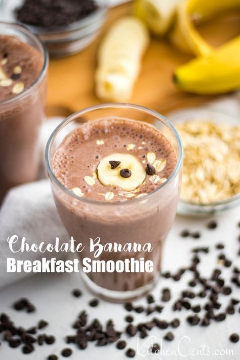 Banana Chocolate Breakfast Protein Shake - Kitchen Cents Oatmeal Kitchen, Breakfast Protein Shake, Oatmeal Shake, Breakfast Shakes Protein, Banana Protein Shake, Banana And Chocolate, Rich Breakfast, Banana Breakfast Smoothie, Breakfast Protein