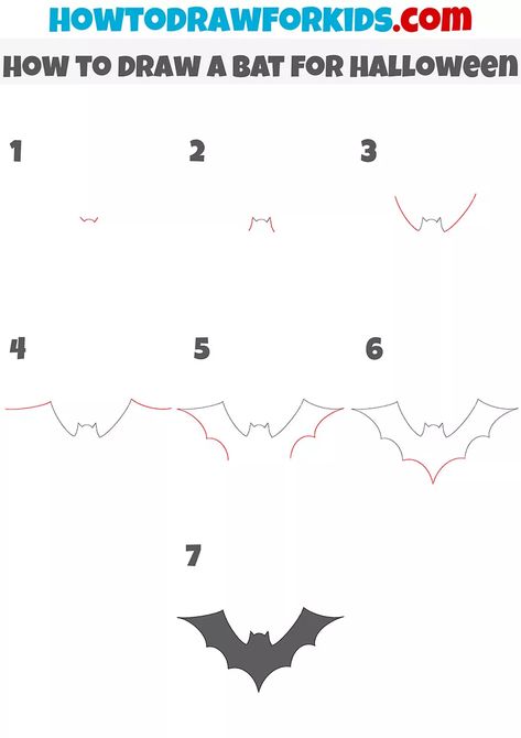 Step By Step Gothic Drawing, How To Draw A Bat Step By Step Easy, Bat Drawing Step By Step, Bat Tutorial Drawing, Halloween Drawings Tutorial, How To Draw Bats Step By Step, Cute Bat Painting Easy, How To Draw Halloween Stuff For Kids Easy, Halloween Bats Drawing