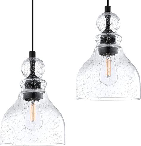 2 Pack 1 Light Hanging Indoor Kitchen Island Pendant Light 6.5" Clear Seeded Glass Pendant Ceiling Light Fixtures Black Finish Modern Farmhouse Dinning Over Sink - Amazon.com Light Fixtures Black, Kitchen Island Pendant Light, Seeded Glass Pendant, Farmhouse Restaurant, Glass Pendant Ceiling Light, Indoor Kitchen, Kitchen Island Pendant, Black Light Fixture, Over Sink