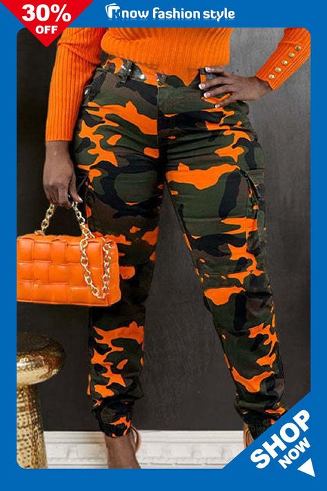 Camouflage Cargo Pants, Button Decor, Orange Camo, Camo Fashion, Camo Cargo Pants, Camouflage Print, Ribbed Knit Sweater, Cargo Pants Women, Cargo Trousers