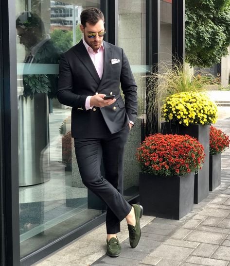 Back to business. This green suede loafer is one of our originals and is our go to fall loafer. The forest green pairs easily with all most outfits and is very rare to see. As wardrobe experts we can help you style up your newest purchase. We can tell you what styles and colours go best with your newest wardrobe addition. #mensfashion #shoefashion #luxuryshoes #backtobusiness #greenshoes #greensuede #mensdressshoes #mensdressloafers #dresscasual Green Loafers Men Outfit, Green Loafers Outfit, Green Suede Loafers For Galas, Elegant Green Formal Loafers, Green Loafers, Luxury Green Loafers For Work, Luxury Green Business Loafers, Suede Loafers Men Outfit, Green Luxury Suede Loafers