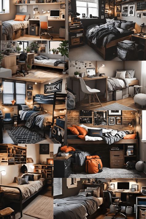 17 Great College Dorm Ideas For Guys - Cool, Easy, Space - Become Your Most Aesthetic Men’s Dorm Room, Mens College Dorm Room Ideas, College Dorm Ideas For Guys, Guys Dorm Room Ideas Colleges, Men’s Dorm Ideas, Dark College Dorm, Masculine Dorm Room, Room Decor Ideas For Guys, Dorm Room Designs For Guys