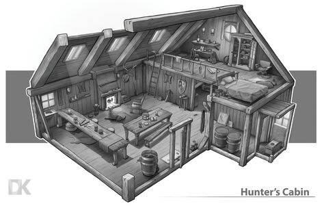 3/4 Hunter Cabin Design. , Dennis van Kessel on ArtStation at https://www.artstation.com/artwork/xxW6X First Year University, Fantasy Cabin, Hunter Cabin, Fantasy Interior, Fantasy Farm, Drawing Methods, Teesside University, Hunters Cabin, Viking House