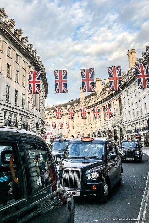 Flags and black cabs on Regent Street in London, England. Click through for more pictures on the A Lady in London blog.   #london #flags #taxi England UK United Kingdom Travel Destinations Honeymoon Backpack Backpacking Vacation #travel #honeymoon #vacation #backpacking #budgettravel #offthebeatenpath #bucketlist #wanderlust #London #England #UnitedKingdom #UK #exploreEngland #visitEngland #seeEngland #discoverEngland #TravelEngland London Flag, London Cab, Regent Street London, London Souvenirs, London Itinerary, Regent Street, London Aesthetic, Fotografi Alam Semula Jadi, Things To Do In London