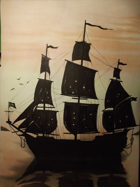 Pirate Ship Painting Easy, Watercolor Pirate Ship, Pirate Core Room, Pirate Painting Ideas, Pirate Watercolor, Pirate Ship Painting, Sea Sketch, Boat Painting Acrylic, Pirate Ship Drawing