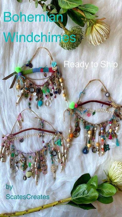 Eclectic and one of a kind, these bohemian inspired windchimes have been lovingly made and are Ready To Ship. Order through ScatesCreates ETSY #homedecorideas #handmade #handmadehomedecor #windchimes #eclecticdecor #bohemian #beachhomedecor #giftideas Window Chimes, Handmade Windchimes, Windchimes Diy, Girls Camp Crafts, Hippie Crafts, Wind Chimes Homemade, Bohemian Crafts, Boho Crafts, Diy Recycled Projects