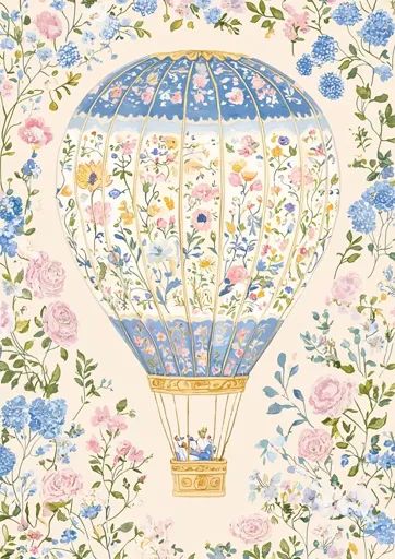 ↑↑↑ Larger size on website 🔸 The image features a hot air balloon adorned with intricate floral patterns in shades of pink, blue, Floral Hot Air Balloon, Holly Hobby, Romantic Themes, Holly Hobbie, Whimsical Garden, Balloon Design, Shades Of Pink, The Balloon, Floral Patterns