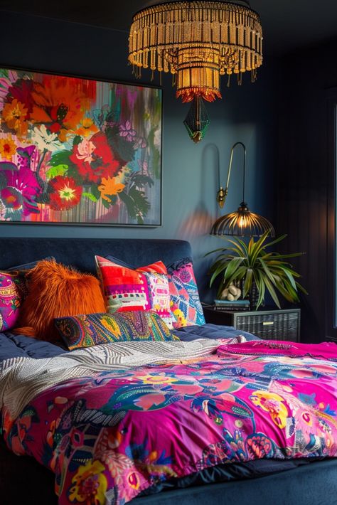 Pink Boho Bedroom Ideas, Eclectic Bedroom Furniture, Pink Boho Bedroom, Colorful Eclectic Bedroom, Jewel Tone Bedroom, Bedroom 2025, Cherry Pearl, Bold Bedroom, Chic Apartment