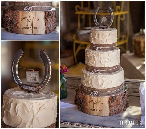 Country style wedding cake with horse shoe topper and wood block stand | Taylor and Brandon's wedding at Bernet Farms in Scappoose, Oregon by Tekoa Rose Photography Country Cake Toppers, Western Wedding Cake, Western Wedding Cakes, Wedding Horseshoes, Country Wedding Cakes, Horse Wedding, The Wedding Cake, Country Style Wedding, Cowboy Wedding