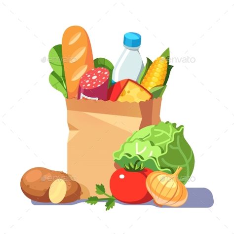 Groceries in a paper bag. Modern flat style realistic vector illustration isolated on white background. Food Illustration Design, 귀여운 음식 그림, Bag Illustration, First Youtube Video Ideas, Food Drive, Food Graphic Design, Graphics Fairy, Modern Flat, Food Drawing