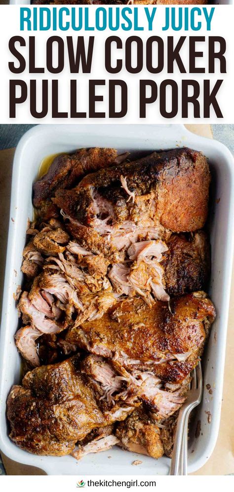 Image of juicy shredded pulled pork in white serving dish with two forks. title text: "ridiculously juicy slow cooker pulled pork" Plain Pulled Pork Crock Pot Recipes, Italian Pulled Pork Crock Pot, Pork Loin Pulled Pork Slow Cooker, Best Pulled Pork Crock Pot Recipes, Easy Pulled Pork Crock Pot Recipes, Slow Cook Pulled Pork, Pulled Pork Crock Pot Recipes, Best Slow Cooker Pulled Pork, Italian Pulled Pork