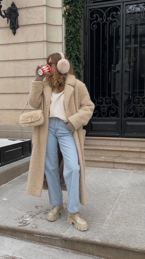 Winter Outfits With Earmuffs, Fuzzy Earmuffs Outfit, Outfits With Earmuffs, Fluffy Winter Outfits, Eat Muffs Outfit, Winter Outfits Earmuffs, Prada Combat Boots Outfit, Earmuffs Outfit Winter, Earmuff Outfits