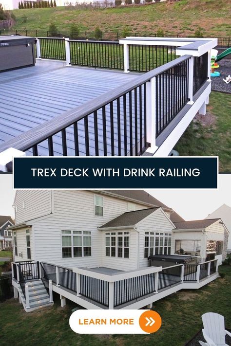 gray and white trex deck design with a black drink railing Trex Patio, Trex Deck Railing, Trex Deck Designs, Vinyl Deck Railing, Trek Deck, Wood Deck Railing, Deck Stair Railing, Deck Railing Systems, Aluminum Railing Deck