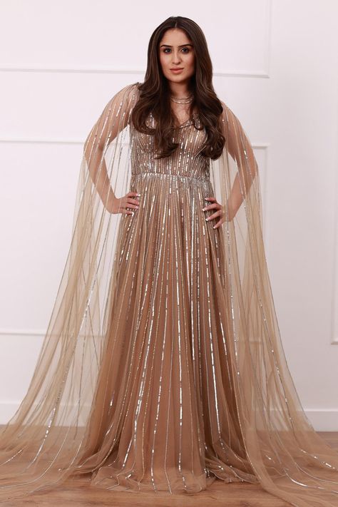 Grey Net Embroidered Cape Sleeves Gown with Cutdana, Sequins and Bead Embroidery Gown With Cape Indian, Net Sleeves Designs For Gown, Sequin Gown Indian, Cape Gown Indian, Cape Sleeves Gown, Cape Dress Indian, Net Gown Designs, Arabic Gowns, Cape Fabric