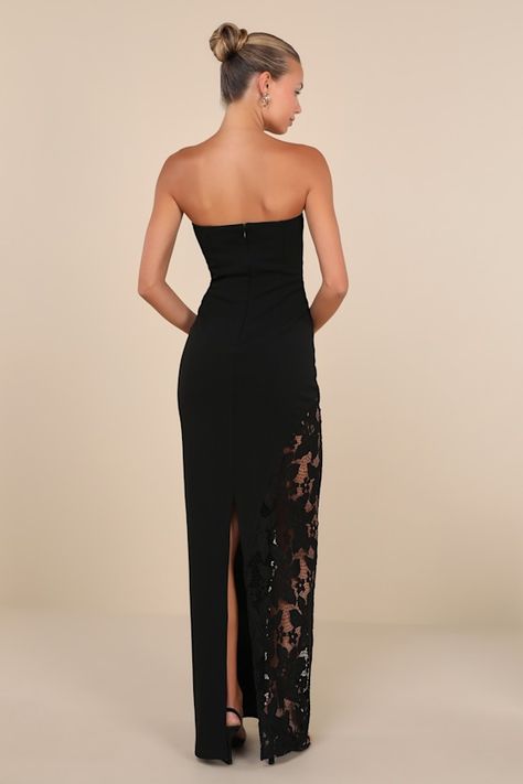 No one will be able to resist complimenting how phenomenal you look in the Lulus Irresistible Attitude Black Strapless Lace Column Maxi Dress! Stretchy crepe knit shapes this gorgeous gown that features a strapless bodice (with hidden no-slip strips) and a sleek straight neckline. Princess-seam details accent the bodycon silhouette that continues down to a maxi column skirt with a sheer lace panel along the side that lends a touch of allure. Convenient kick pleat at the back. Hidden back zipper/ Lulus Bridesmaid Dresses, Black Strapless Maxi Dress, Black Dress Lace, Maxi Dress Strapless, Strapless Black Dress, Fav Products, Fancy Fits, Column Skirt, Black Strapless Dress