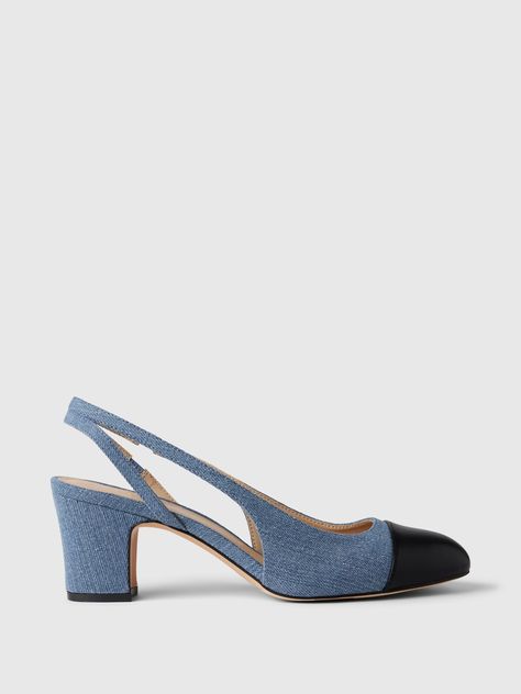 These heels are made with a denim upper.  Vegan leather toe cap.  Slingback strap at ankle.  Heel height: 2. 5" Shoe Lookbook, College Shoes, Jeans Heels, Heels Blue, Denim Heels, Dressy Shoes, Slingback Heels, Shoe Inspiration, Shoe Inspo