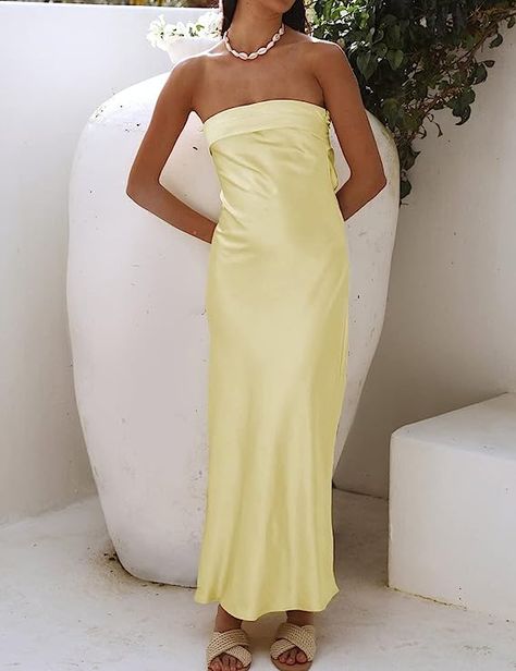 Realtix Satin Silk Backless Tube Tops Maxi Dress for Women Low Back Hollow Out Elegant Strapless Long Dresses Wedding Guest Women Summer Fashion, Strapless Long Dress, Guest Attire, Tube Top Dress, Wedding Attire Guest, Wedding Guest Dress Summer, Spring Summer Dress, Satin Dress, Glamorous Evening Gowns