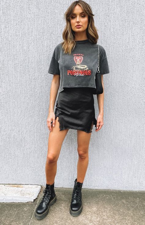 Lace Up Skirts Outfits Casual, High Fashion Mini Skirt, Black Mini Slip Skirt Outfit, Outfit Ideas Summer Going Out, Going Out Alternative Outfits, Rock Dress Up, Black Mini Skirt Graphic Tee Outfit, Short Black Silk Skirt Outfit, Thigh High Tight Outfits