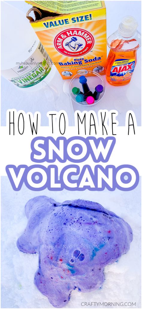 Easy Snow Day Crafts For Kids, Snow Volcano Experiment, Snow Fun For Kids, Snow Day Projects For Kids, Snow Volcano For Kids, Outside Snow Activities For Kids, Snow Day Fun Indoor Activities, Snow Day School Activities, Snow Day Art Projects For Kids