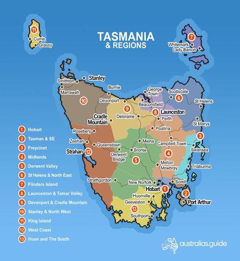 Map of Tasmania | Tasmania - Australia's Guide Australia Tourist Attractions, Scuba Diving Australia, Tasmania Road Trip, Tasmania Hobart, Tasmania Travel, Blue Mountains Australia, Bruny Island, Itinerary Ideas, Port Arthur