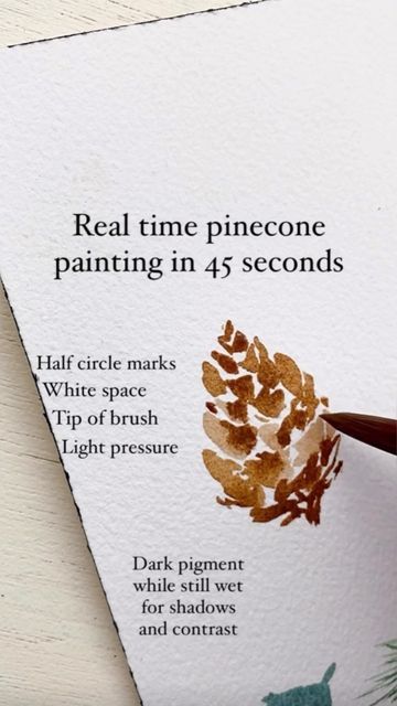 Kristin Van Leuven on Instagram: "Save this one to try the next time you paint! A few simple strokes and you have a pinecone! Pinecones automatically make everything look more festive for this season and I love putting them on everything. You can totally do this one! Key tips: White space is essential to see the sections of the pinecone. Keep your pressure light and quick Small sections that taper at the top, bigger sections that flare out at the bottom Contrast adds so much dimension Pinecone Drawing Simple, How To Draw A Pinecone, Watercolor Pine Tree Tutorial, How To Paint Pinecones, Water Colour Christmas Cards Ideas, Winter Watercolor Simple, Fall Watercolor Paintings Easy, Christmas Watercolor Paintings Easy, Easy Christmas Watercolor Cards