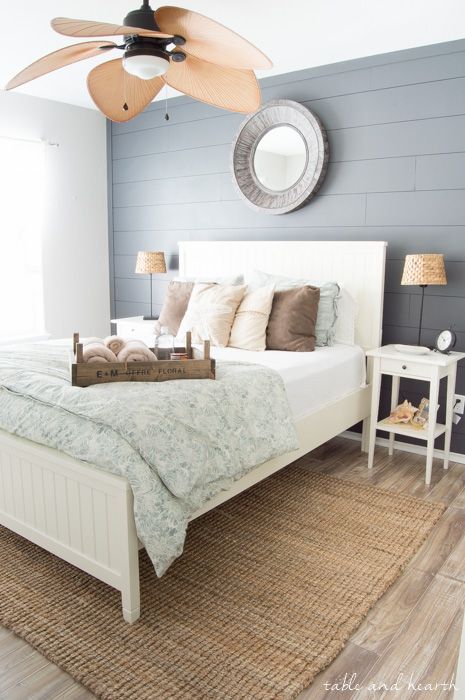 shiplap bedroom statement wall leedy interiors interior design tinton falls new jersey Modern Coastal Bedroom Ideas, Shiplap Bedroom, Modern Coastal Bedroom, Beautiful Bedrooms Master, Bedroom Trends, Casa Country, Bedroom Accent, Casa Vintage, Accent Wall Bedroom