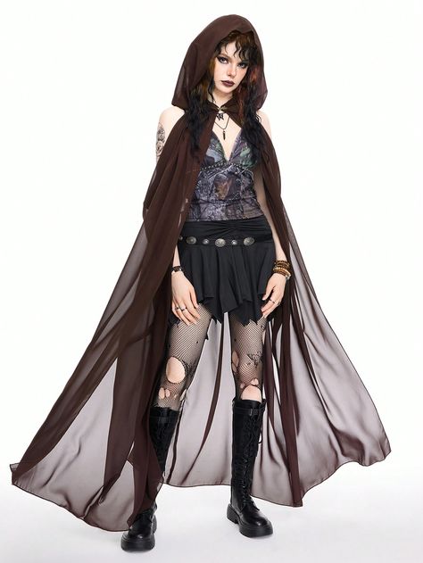 Forest  Queen Cold Shoulder Hooded Vintage Cape Brown Casual  Sleeveless Woven Fabric Colorblock,Plain  Slight Stretch  Women Clothing, size features are:Bust: ,Length: ,Sleeve Length: Casual Fantasy Outfit, Cape Outfits For Women, Battle Outfits, Fairycore Forest, Forest Queen, Moda Medieval, Cape Outfit, Wizard Costume, Ren Fest