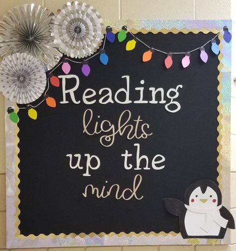 Reading Lights Up The Mind Bulletin Board, Reading Incentive Bulletin Board Ideas, Reading Bulletin Boards Elementary Ideas, Reading Room Ideas For School, Reading Makes You Bright, Welcome Back To The Library, Books We've Read Bulletin Board, Welcome Back Library Displays, Reading Rainbow Bulletin Board