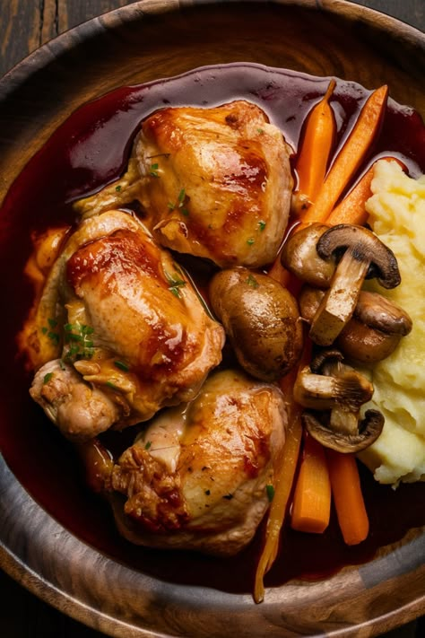 Roasted chicken thighs with gravy, served with carrots, mushrooms, potatoes, and mashed potatoes on a wooden plate. Easy Coq Au Vin, Food Black People, Red Wine Mushrooms, Wine Mushrooms, Coq Au Vin Recipe, France Food, Fancy Dinner Recipes, Chicken Marinade Recipes, Duck Recipes